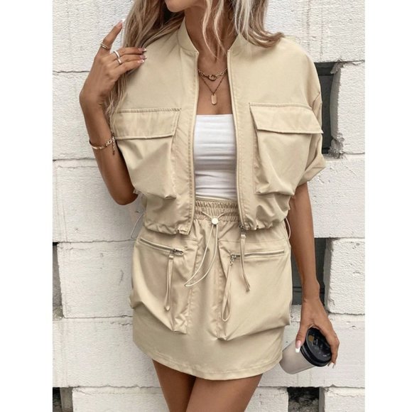 Casual Flap Pocket Drawstring Hem Jacket & Skirt Khaki - Picture 4 of 9